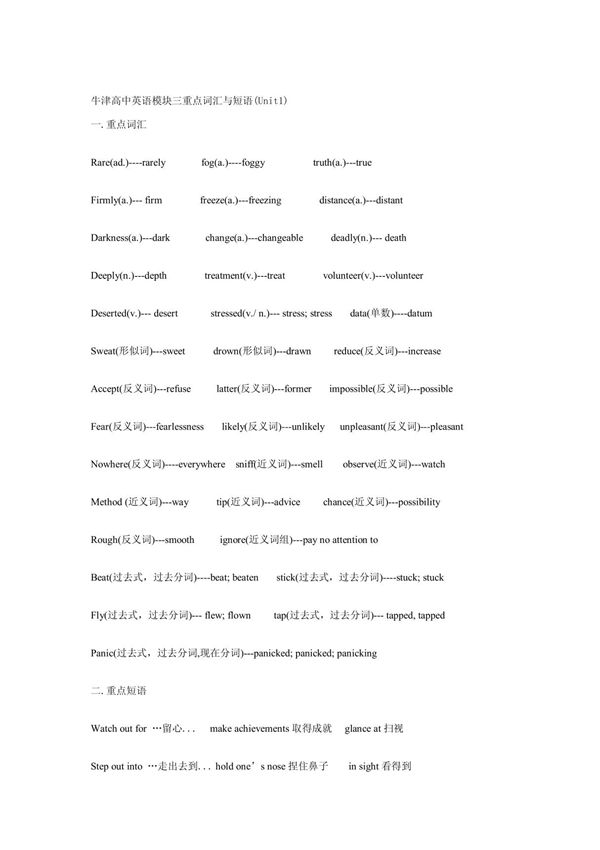 牛津高中英语模块三重点词汇与短语
