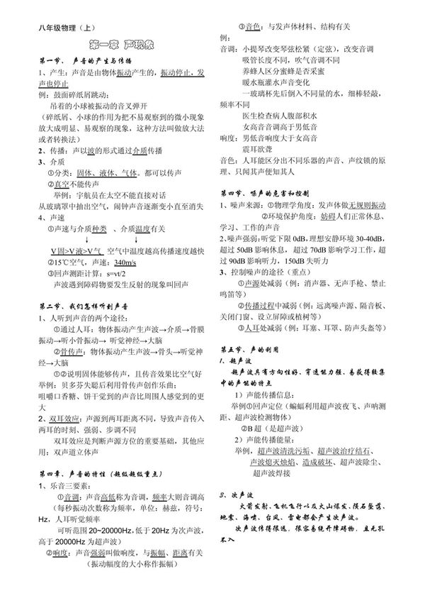 八上物理知识点总结