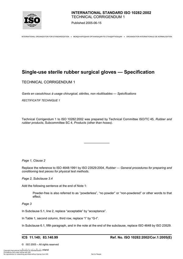 ISO 10282 2002 Single-use sterile rubber surgical gloves  Specification TECHNICAL CORRIGENDUM 1