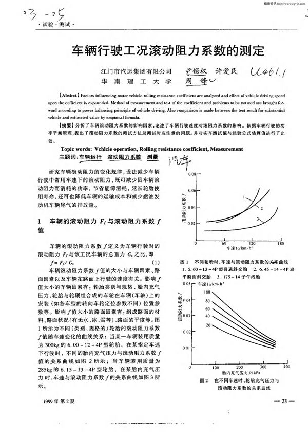 车辆行驶工况滚动阻力系数的测定