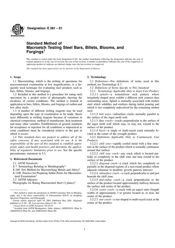 ASTM E381-01 由棒材,坯段,大方坯和锻件组成的钢制品的宏观浸蚀试验