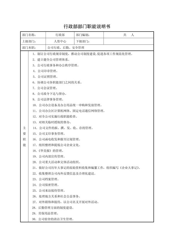 行政部部门职能说明书