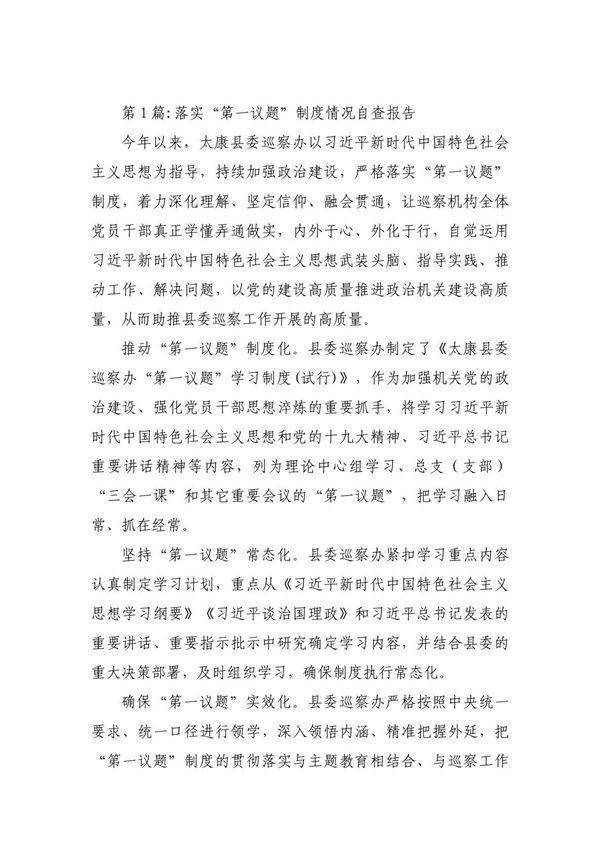 落实第一议题制度情况自查报告四篇