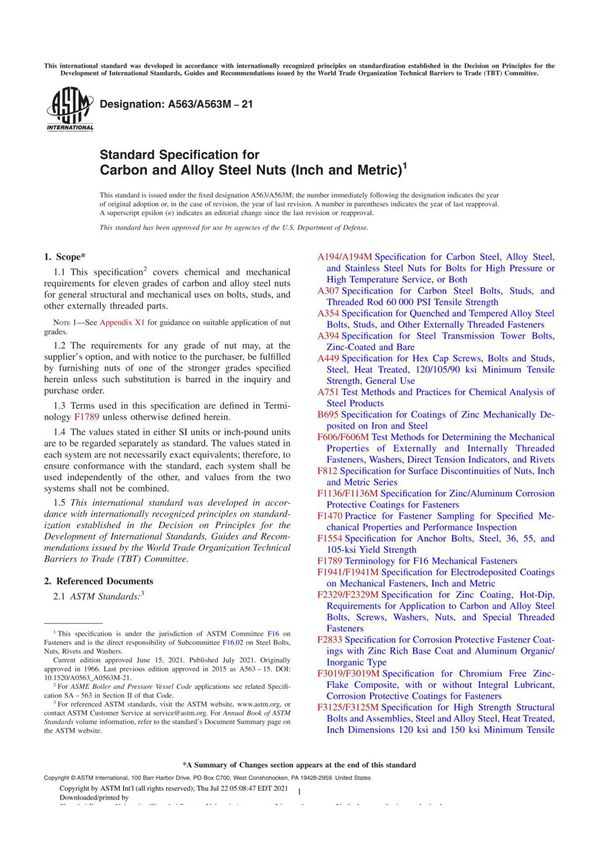 ASTM A563 A563M-21 Standard Specification for Carbon and Alloy Steel Nuts (Inch and Metric)