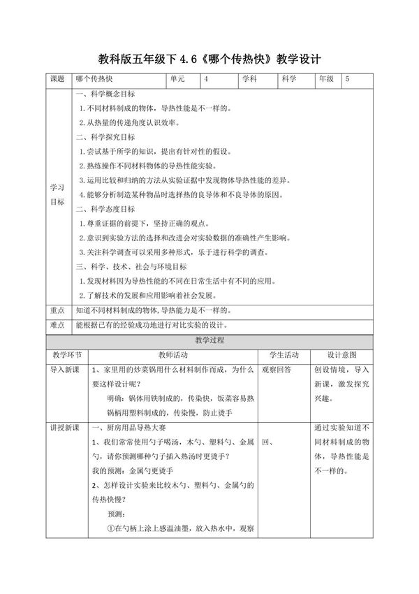4-6《哪个传热快》(教学设计) 五年级科学下册教科版