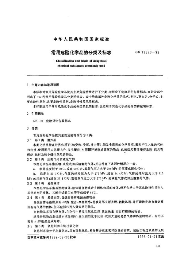 (国家标准) GB 13690-1992 常用危险化学品的分类及标志 标准