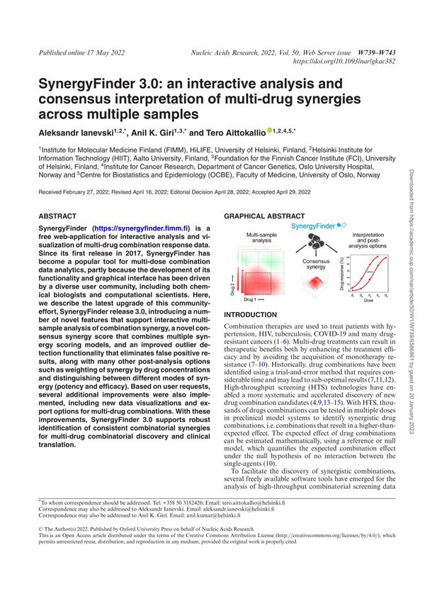 SynergyFinder 3.0  an interactive analysis and consensus interpretation of multi-drug synergies across multiple samples 2022 Ale