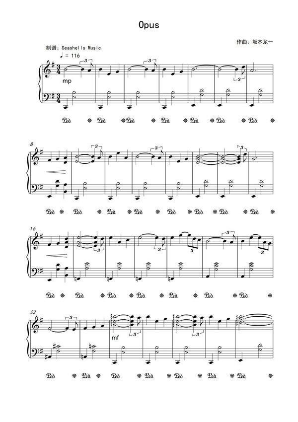 《Opus》坂本龙一 钢琴独奏钢琴曲谱双手数字简谱