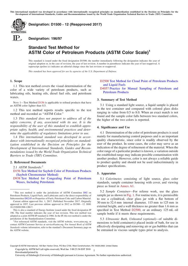 ASTM D1500-12(2017) Standard Test Method for ASTM Color of Petroleum Products (ASTM Color Scale)