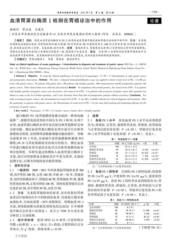 血清胃蛋白酶原Ⅰ检测在胃癌诊治中的作用