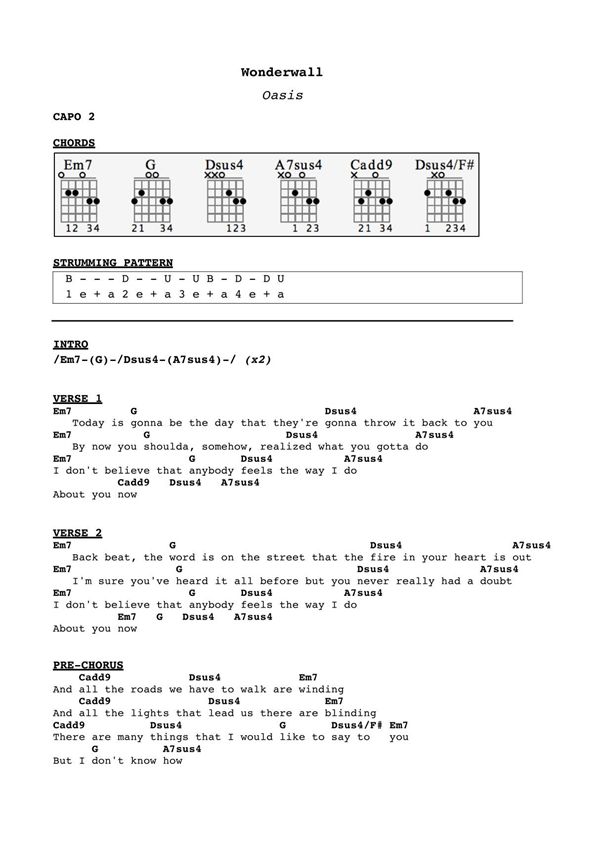 吉他谱 和弦谱 扫弦节奏oasis wonderwall