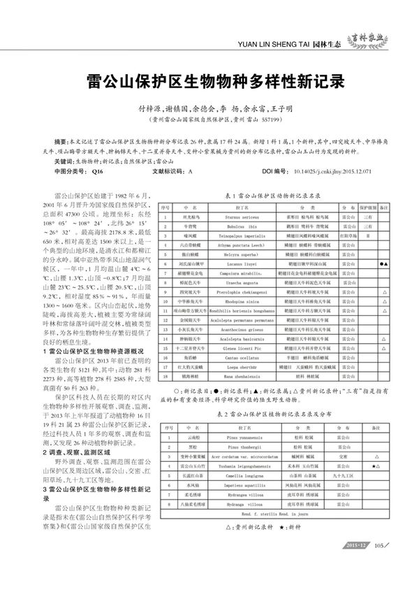 雷公山保护区生物物种多样性新记录