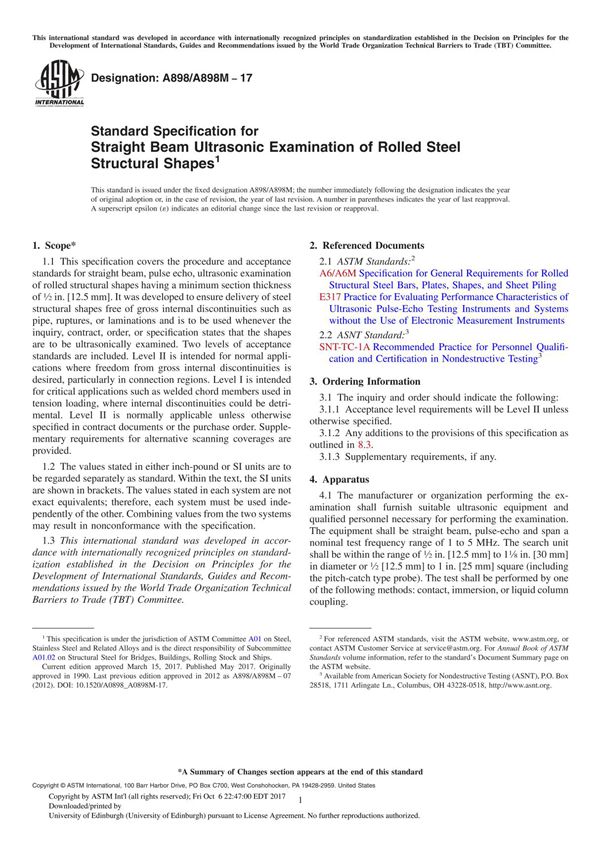 ASTM A898 A898M-17 Standard Specification for Straight Beam Ultrasonic Examination of Rolled Steel Structural Shape