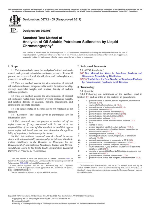 ASTM D3712-05(2017) Standard Test Method of Analysis of Oil-Soluble Petroleum Sulfonates by Liquid Chromatography