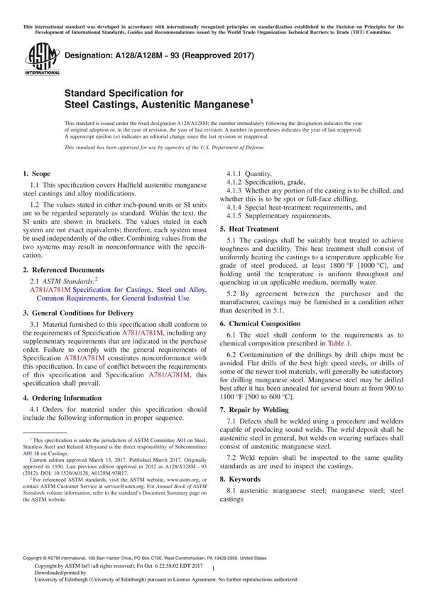 ASTM A128 A128M-93(2017) Standard Specification for Steel Castings, Austenitic Manganese