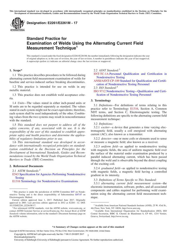 ASTM E2261 E2261M-17 Standard Practice for Examination of Welds Using the Alternating Current Field Measurement Technique