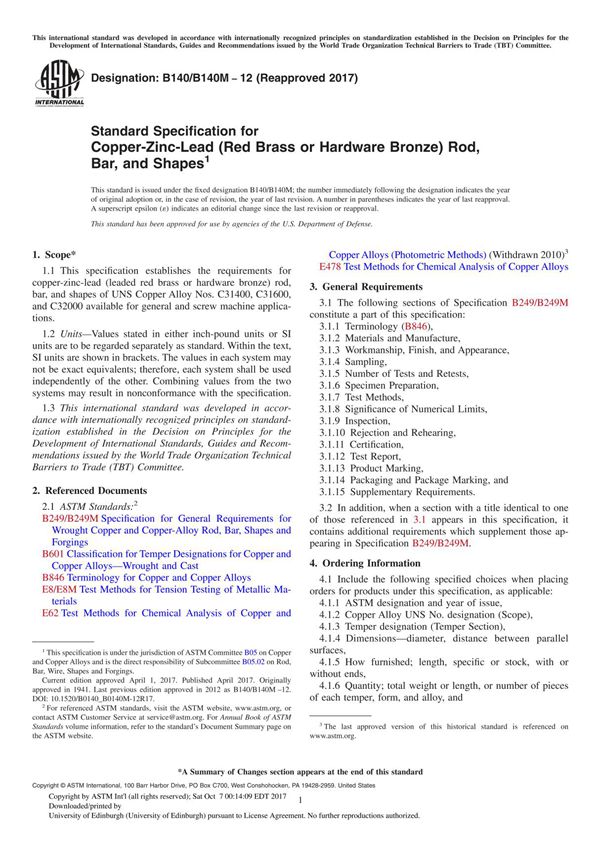 ASTM B140 B140M-12(2017) Standard Specification for Copper-Zinc-Lead (Red Brass or Hardware Bronze) Rod, Bar, and Shape