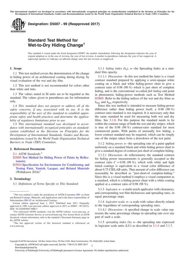 ASTM D5007-99(2017) Standard Test Method for Wet-to-Dry Hiding Change