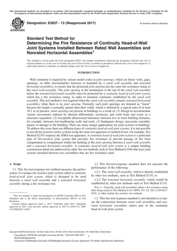 ASTM E2837-13(2017) Standard Test Method for Determining the Fire Resistance of Continuity Head-of-Wall Joint Systems Installed