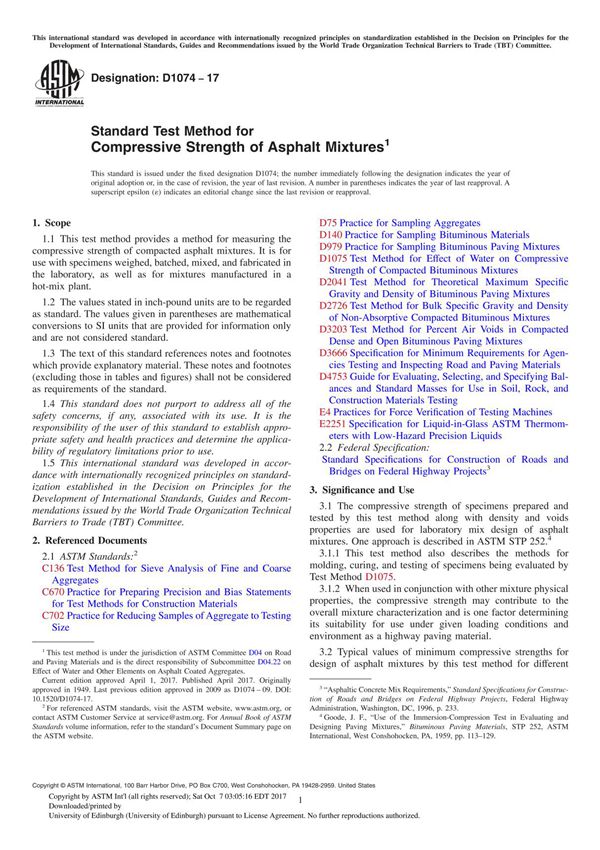 ASTM D1074-17 Standard Test Method for Compressive Strength of Asphalt Mixture