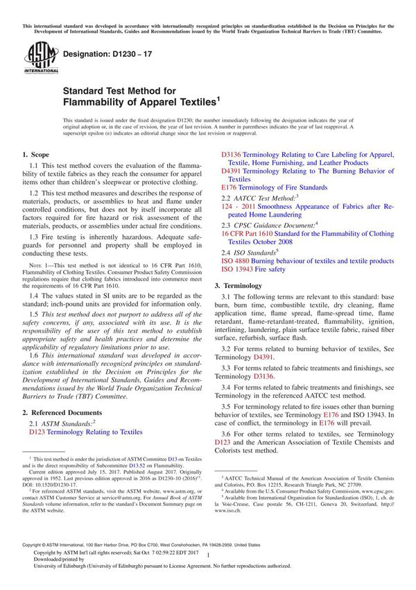 ASTM D1230-17 Standard Test Method for Flammability of Apparel Textile