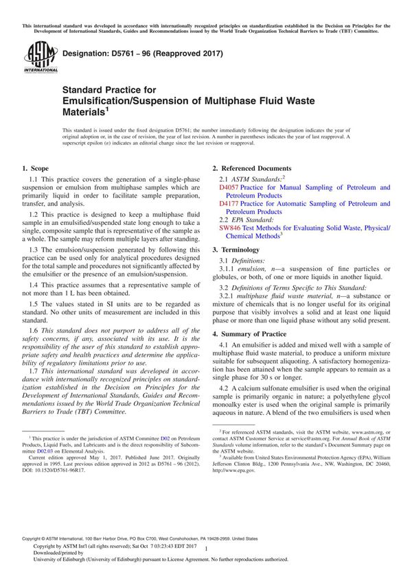 ASTM D5761-96(2017) Standard Practice for EmulsificationSuspension of Multiphase Fluid Waste Material