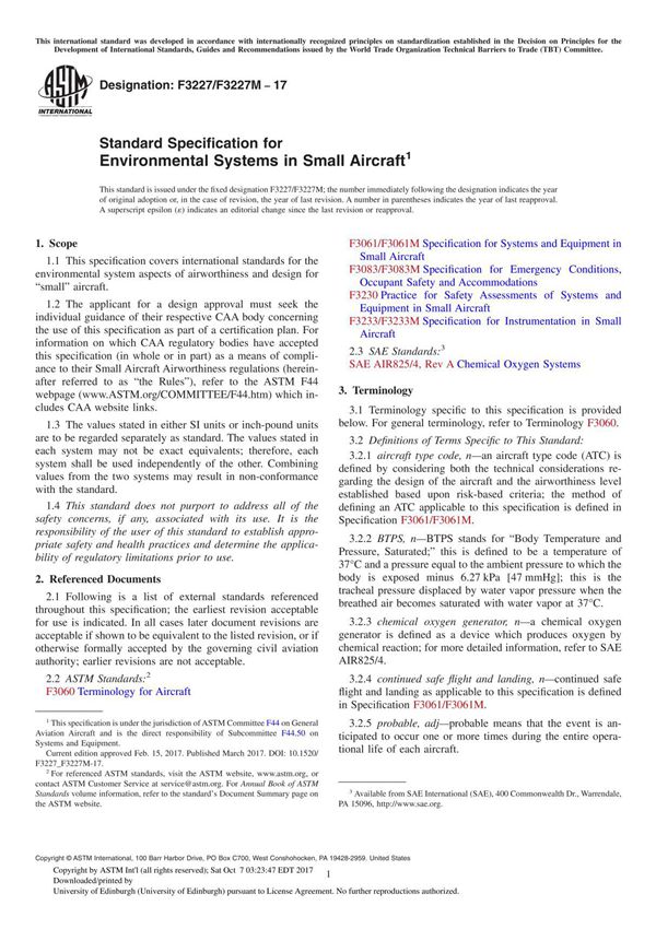 ASTM F3227F3227M-17 Standard Specification for Environmental Systems in Small Aircraft