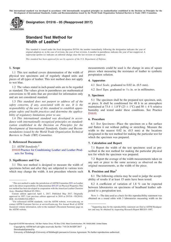 ASTM D1516-05(2017) Standard Test Method for Width of Leather