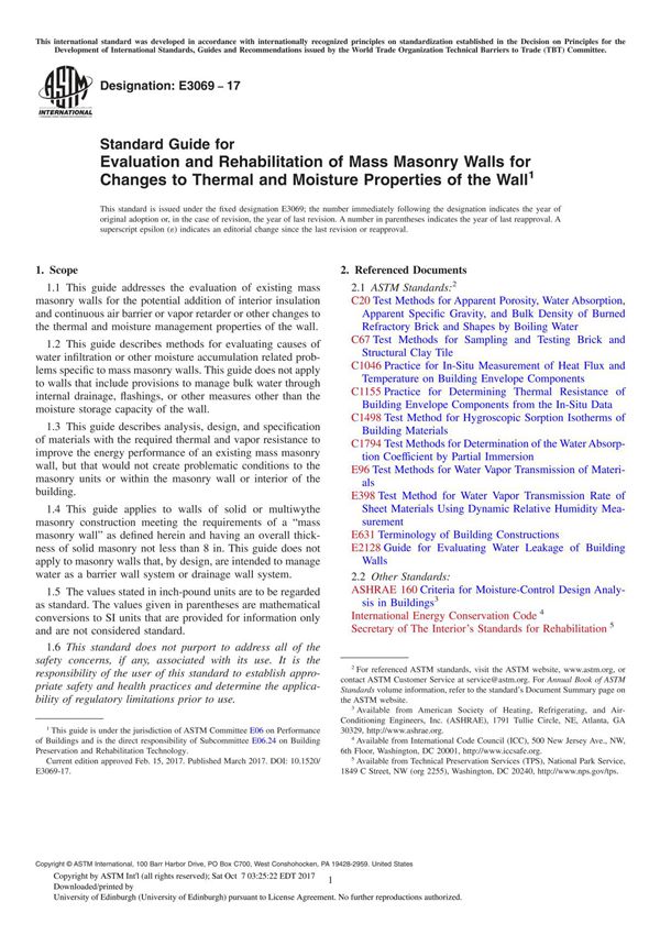 ASTM E3069-17 Standard Guide for Evaluation and Rehabilitation of Mass Masonry Walls for Changes to Thermal and Moisture Propert