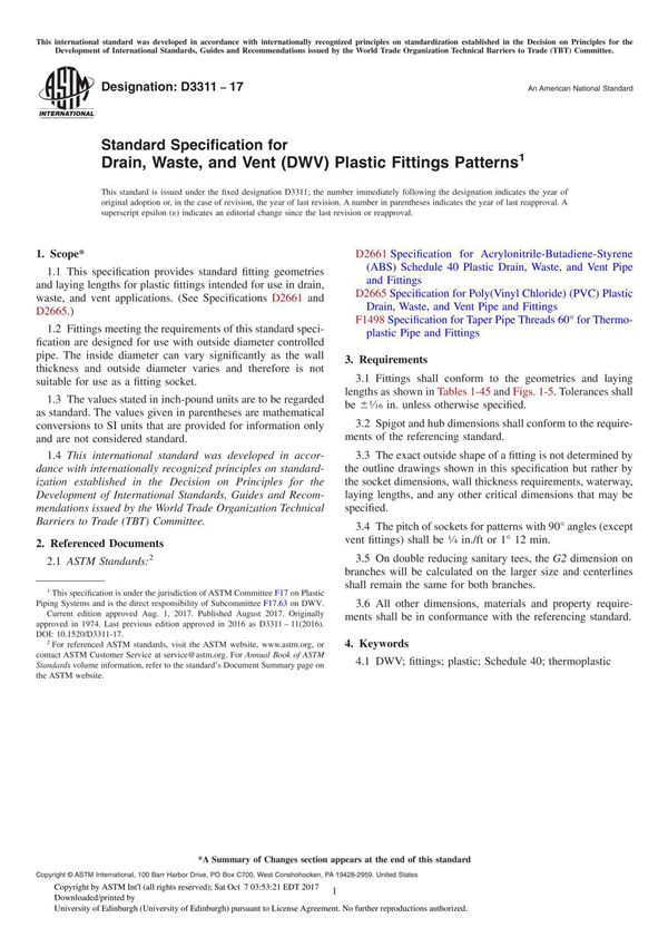 ASTM D3311-17 Standard Specification for Drain, Waste, and Vent (DWV) Plastic Fittings Pattern
