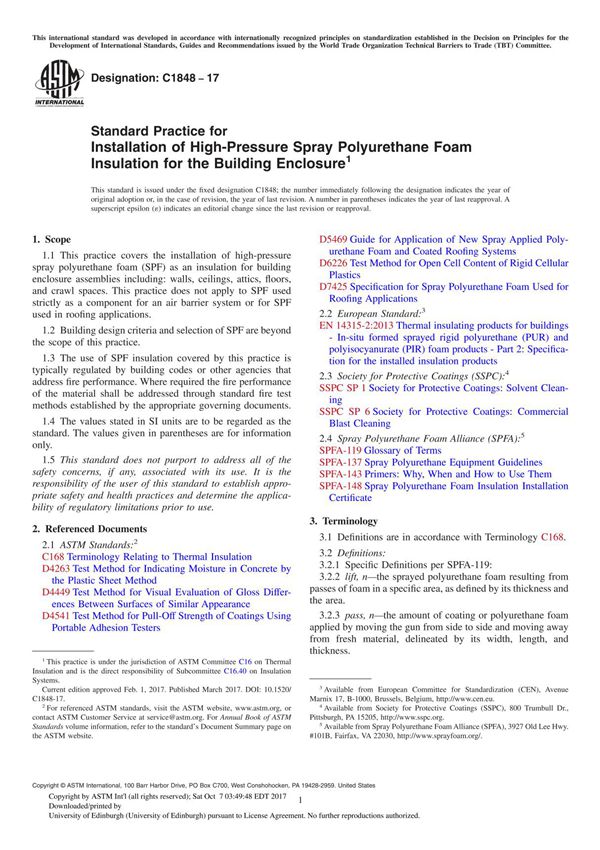 ASTM C1848-17 Standard Practice for Installation of High-Pressure Spray Polyurethane Foam Insulation for the Building Enclosure