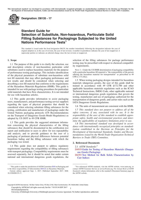 ASTM D8135-17 Standard Guide for Selection of Substitute, Non-hazardous, Particulate Solid Filling Substances for Packagings Sub