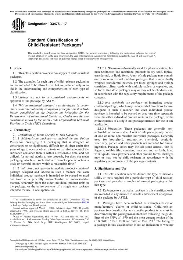ASTM D3475-17 Standard Classification of Child-Resistant Package
