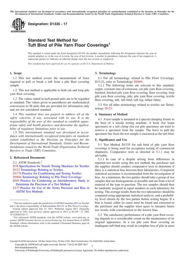 ASTM D1335-17 Standard Test Method for Tuft Bind of Pile Yarn Floor Covering