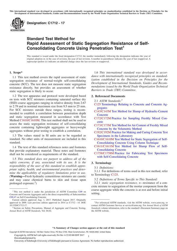 ASTM C1712-17 Standard Test Method for Rapid Assessment of Static Segregation Resistance of Self-Consolidating Concrete Using Pe