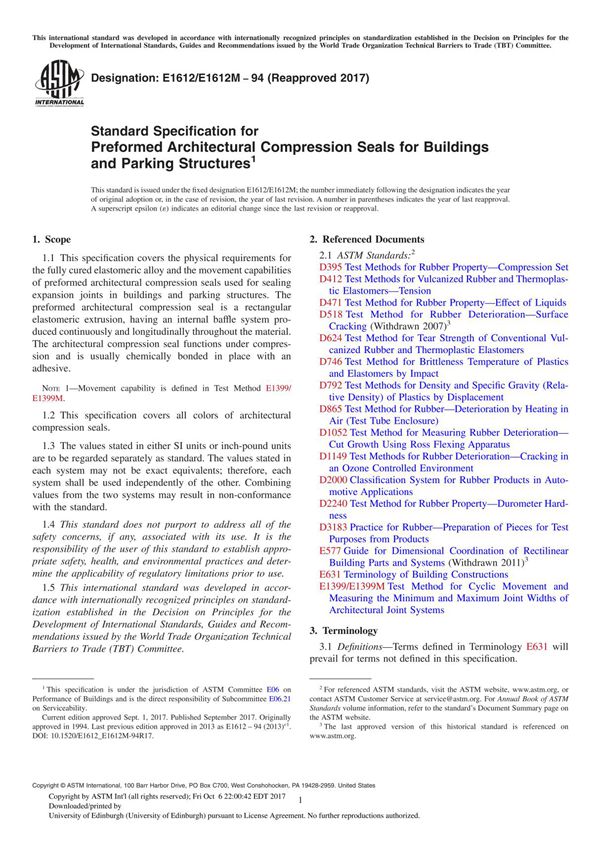 ASTM E1612 E1612M-94(2017) Standard Specification for Preformed Architectural Compression Seals for Buildings and Parking Struct
