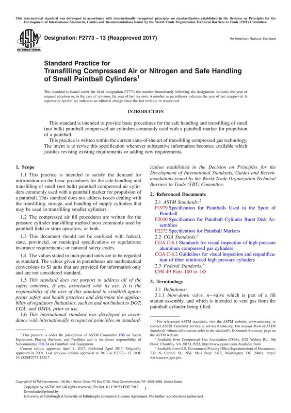 ASTM F2773-13(2017) Standard Practice for Transfilling Compressed Air or Nitrogen and Safe Handling of Small Paintball Cylinder
