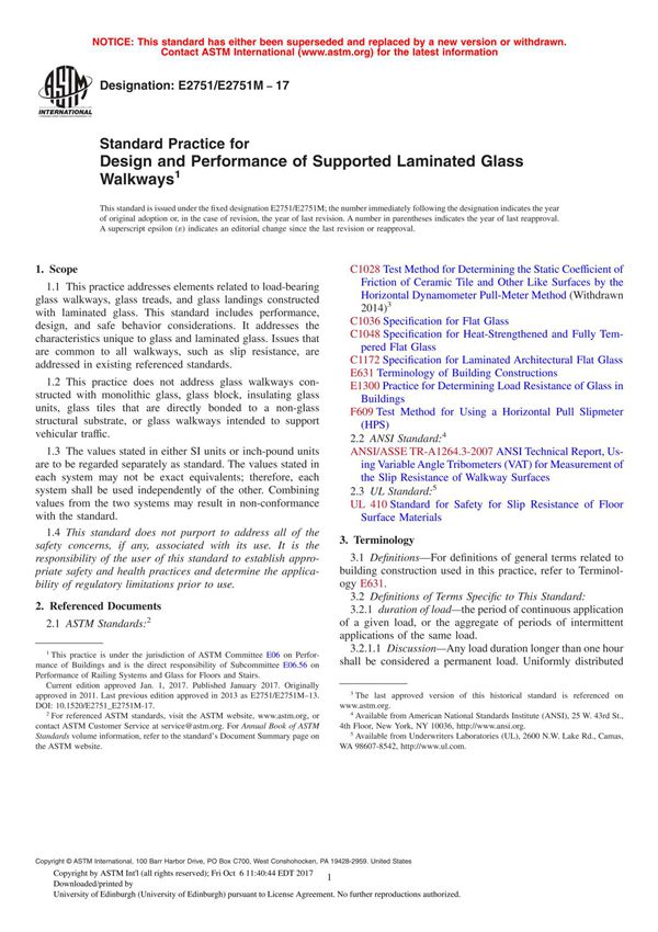 ASTM E2751 E2751M - 17 Standard Practice for Design and Performance of Supported Laminated Glass Walkway