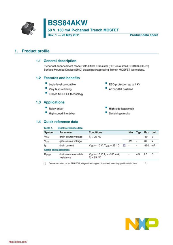 BSS84AKW,115;中文规格书,Datasheet资料