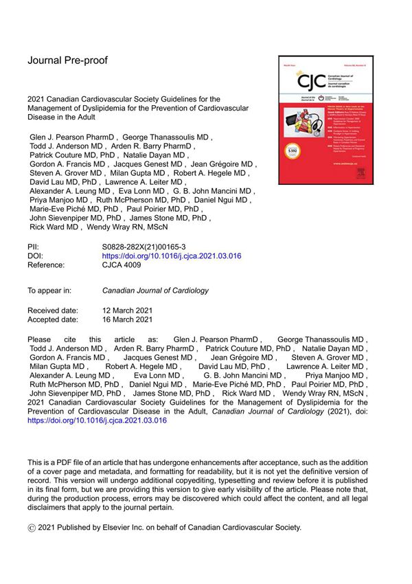 2021CCS指南 成人心血管疾病预防中血脂异常的管理