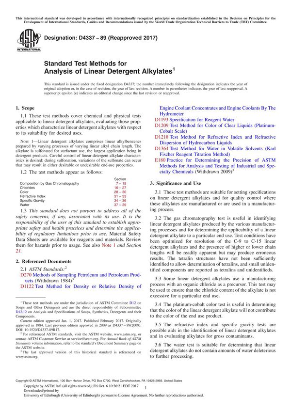 ASTM D4337-89(2017) Standard Test Methods for Analysis of Linear Detergent Alkylate