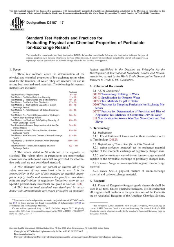 ASTM D2187-17 Standard Test Methods and Practices for Evaluating Physical and Chemical Properties of Particulate Ion-Exchange Re