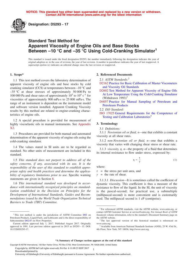 ASTM D5293 - 17 Standard Test Method for Apparent Viscosity of Engine Oils and Base Stocks Between –10°C and –35°C Using Col