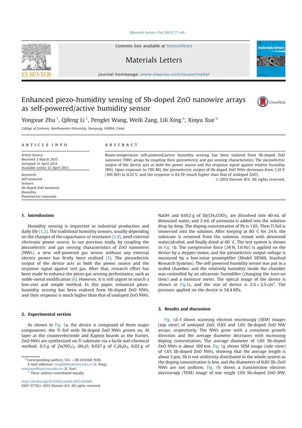 Enhanced piezo-humidity sensing of Sb-doped ZnO nanowire arrays as self-poweredactive humidity sensor