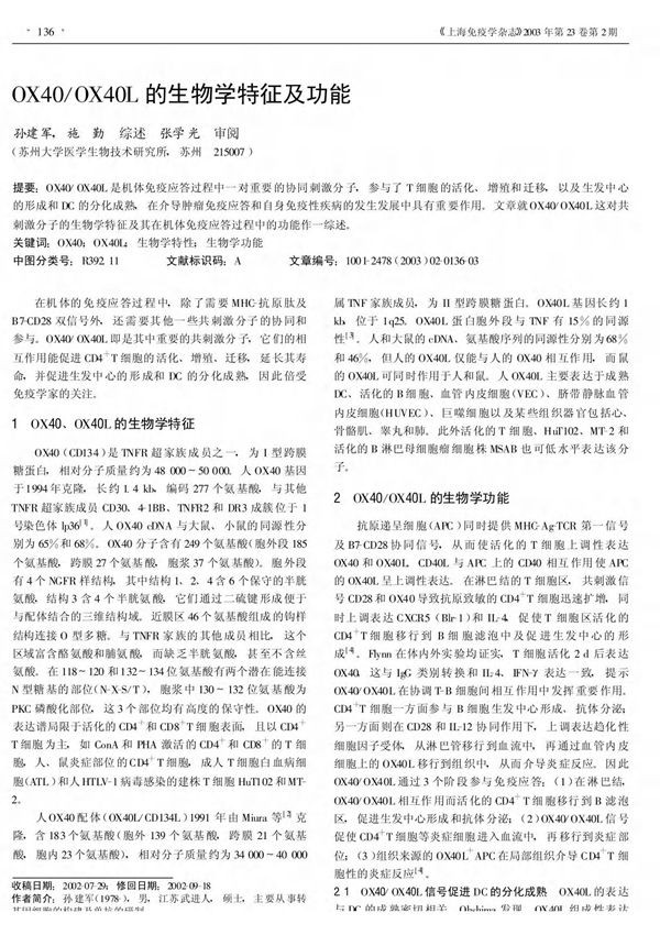 OX40 ／OX40L的生物学特征及功能