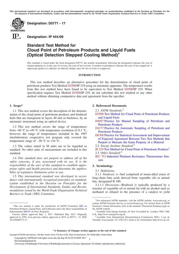ASTM D5771-17 Standard Test Method for Cloud Point of Petroleum Products and Liquid Fuels (Optical Detection Stepped Cooling Met