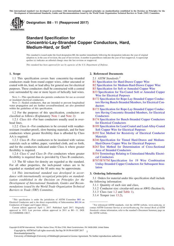 ASTM B8-11(2017) Standard Specification for Concentric-Lay-Stranded Copper Conductors, Hard, Medium-Hard, or Soft