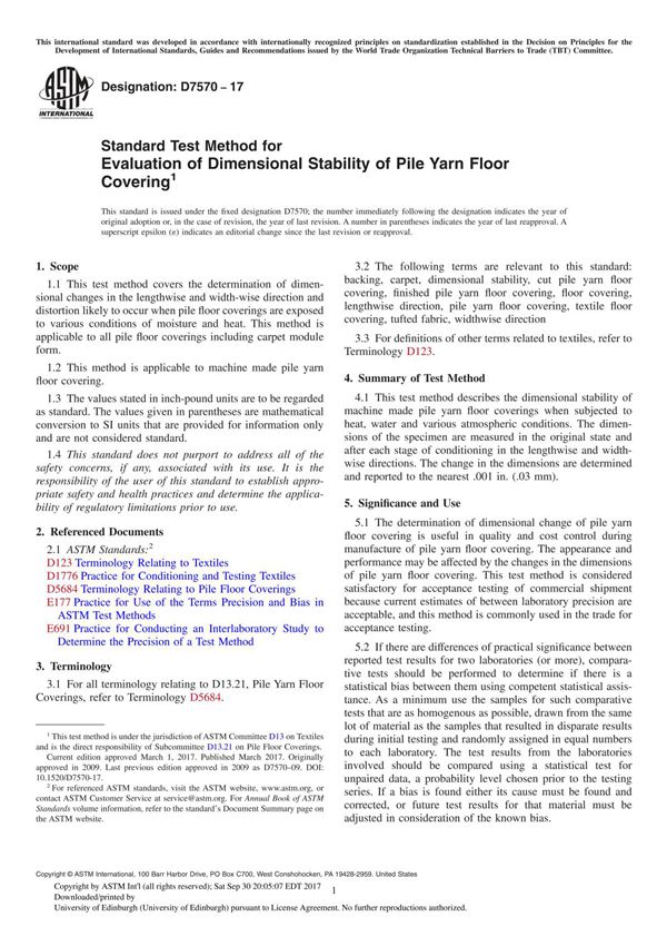 ASTM D7570-17 Standard Test Method for Evaluation of Dimensional Stability of Pile Yarn Floor Covering