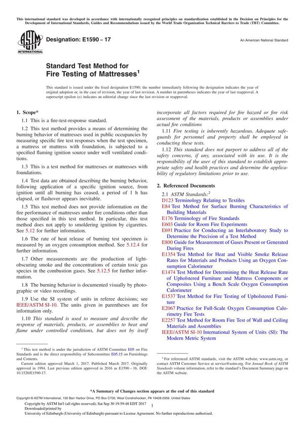 ASTM E1590-17 Standard Test Method for Fire Testing of Mattresse