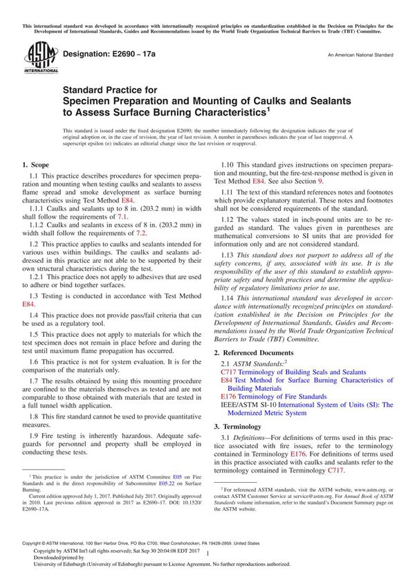 ASTM E2690-17a Standard Practice for Specimen Preparation and Mounting of Caulks and Sealants to Assess Surface Burning Characte